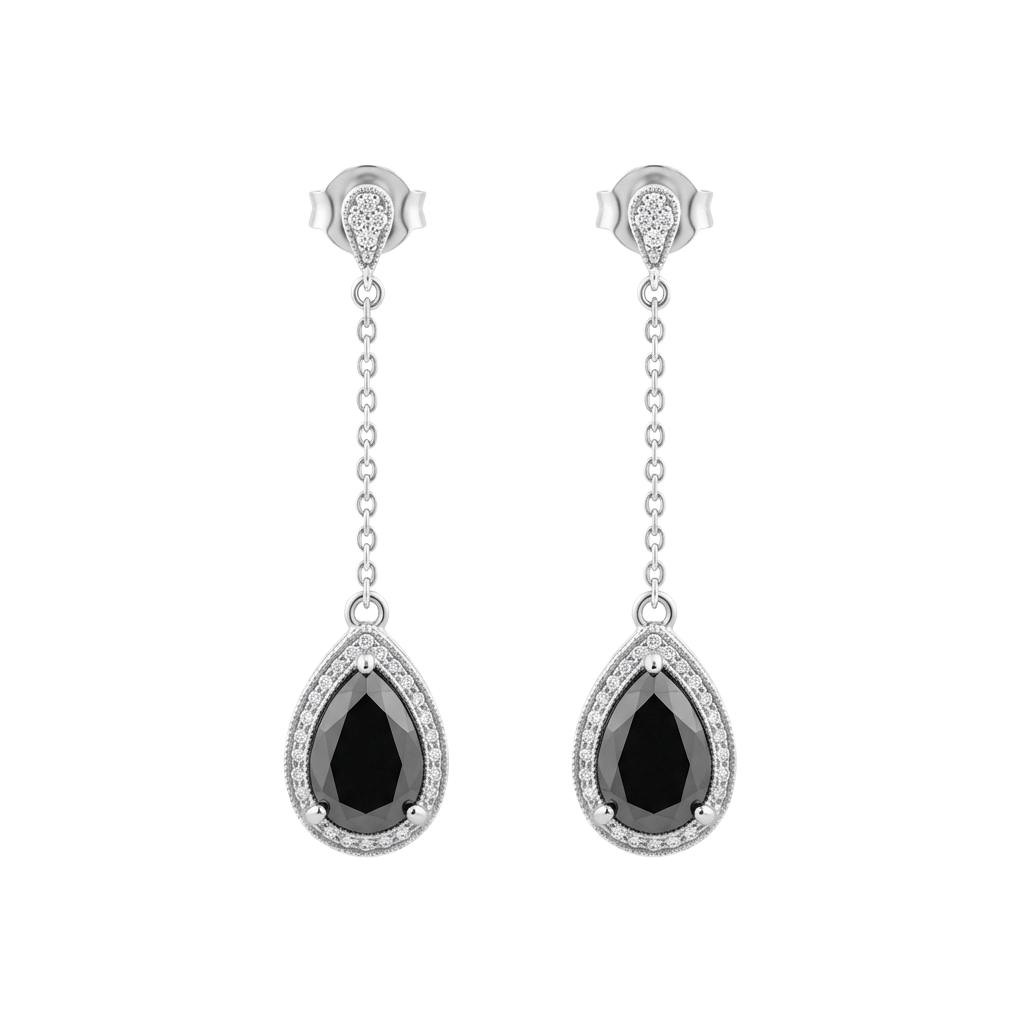 Pair of silver drop earrings with teardrop black stones and small diamond accents at the top