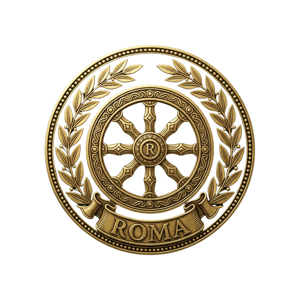 A detailed golden emblem featuring a wheel with a central R, surrounded by a laurel wreath and a banner with the word Roma