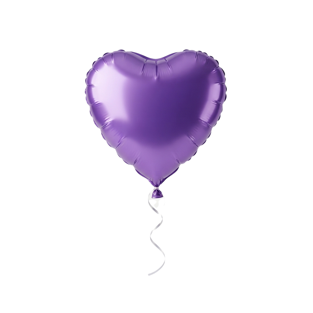 A shiny purple heart-shaped balloon floating against a black background