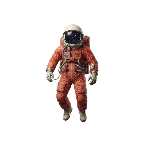 Astronaut in an orange spacesuit floating in zero gravity with a black background