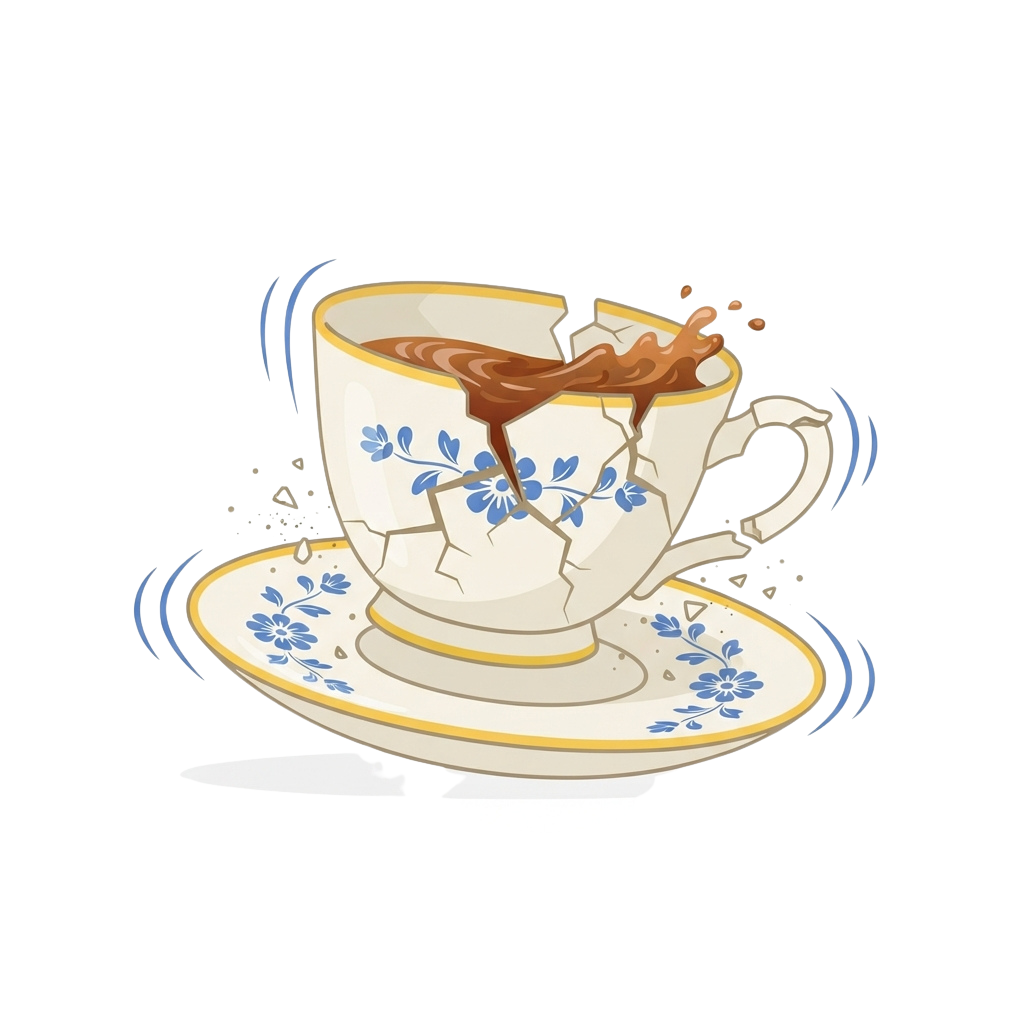 A cracked white tea cup with blue floral designs spilling brown coffee onto a matching saucer