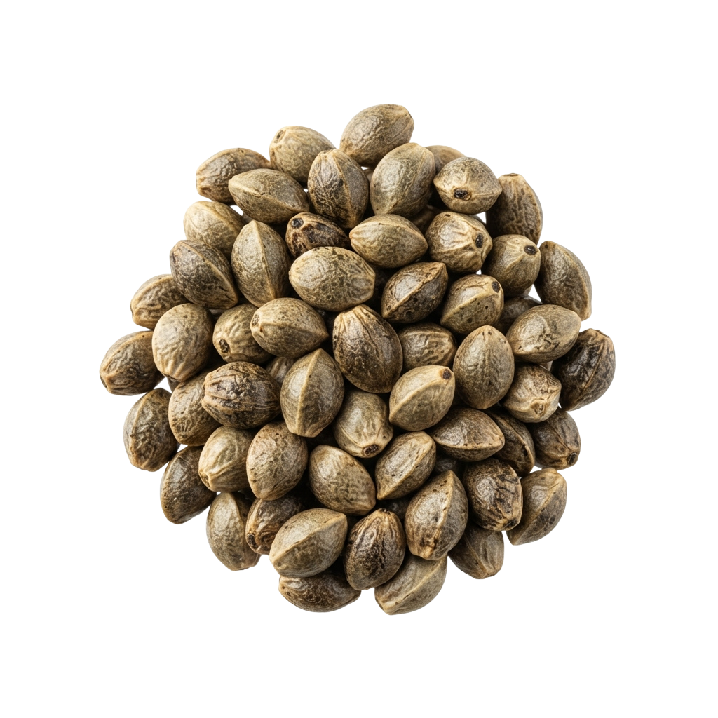 A close-up image of a pile of whole dried cardamom pods.