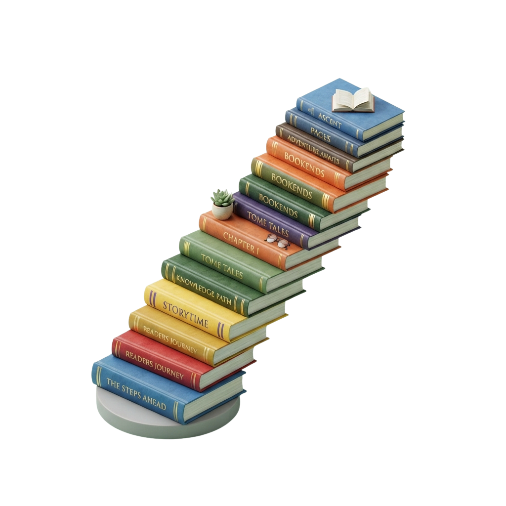 A stack of colorful books arranged in ascending order with labels like Steps Ahead and Bookends