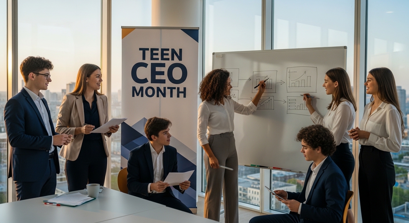 Teen CEO Month Business Workshop with Young Professionals Collaborating on Whiteboard Strategy - Feature Image May 144
