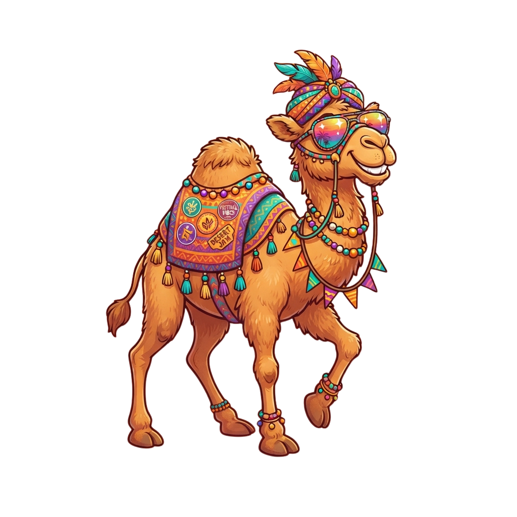 A stylized camel wearing sunglasses, colorful headgear, and decorative saddle with tassels and symbols