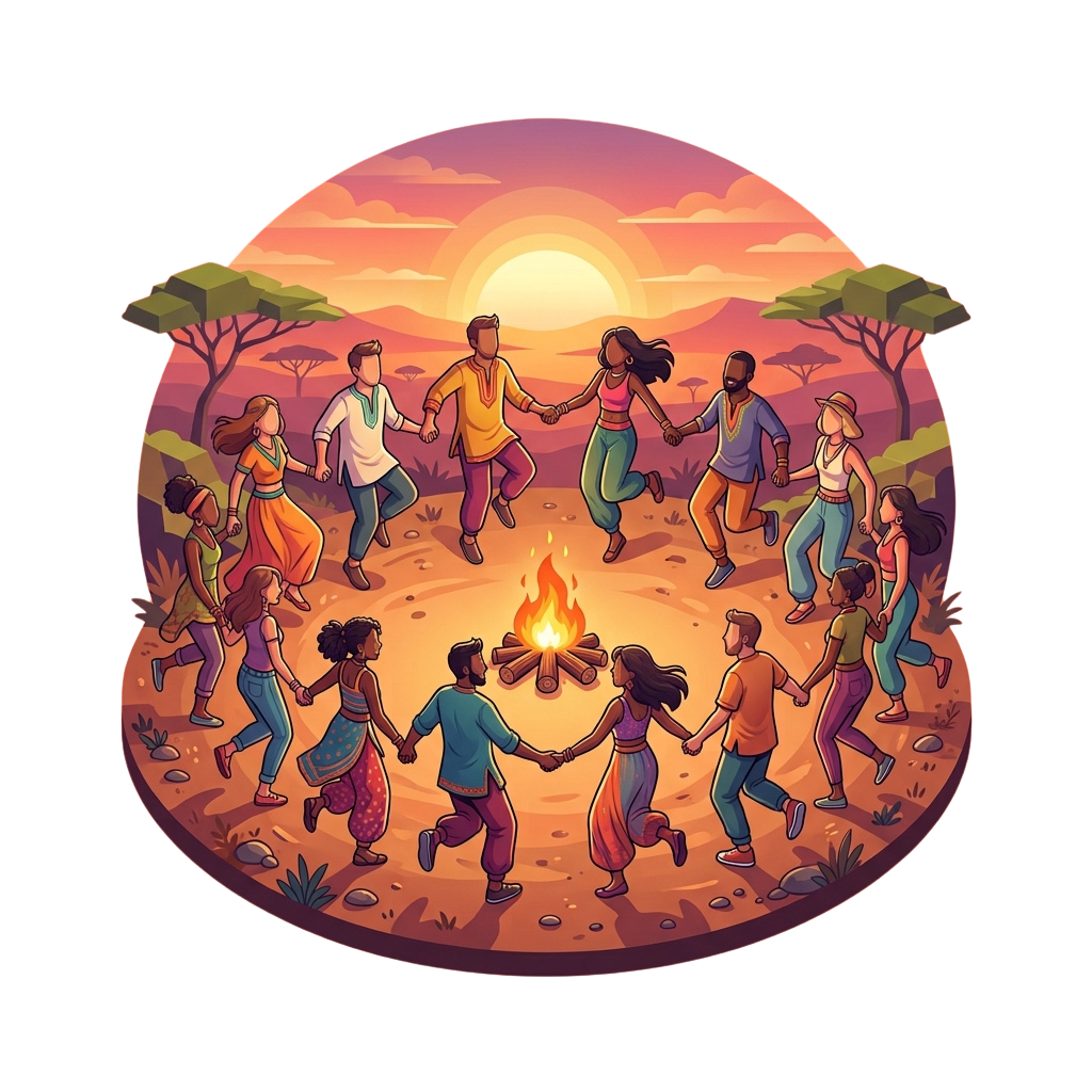 People holding hands in a circle around a campfire during sunset in a natural setting