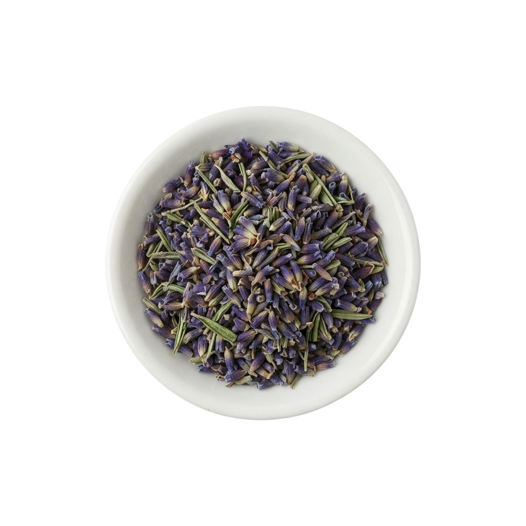 A white bowl filled with dried purple lavender buds