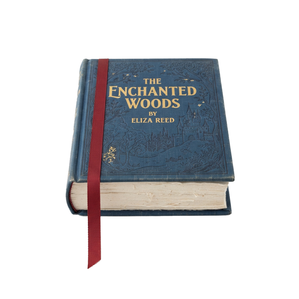 Antique book titled The Enchanted Woods by Eliza Reed with a red ribbon bookmark and intricate forest scene on the cover