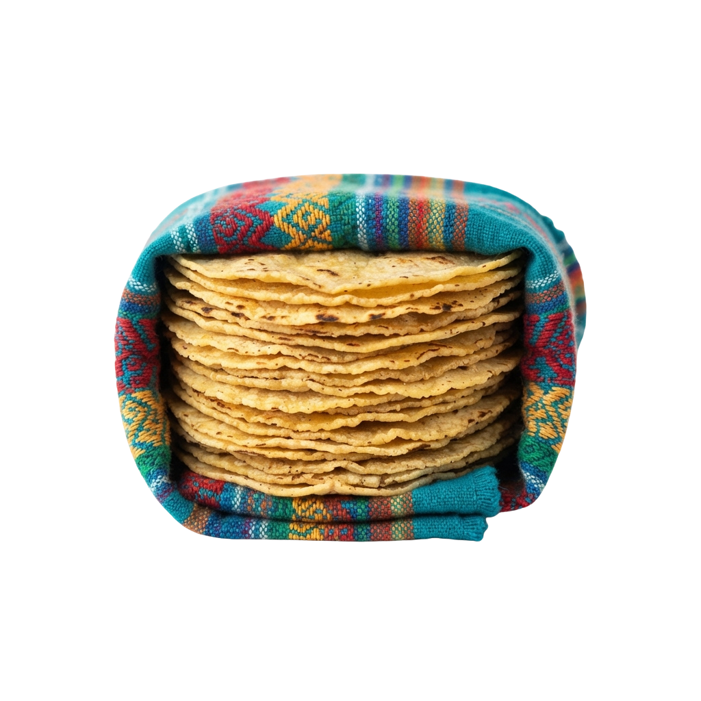 Stack of corn tortillas neatly arranged inside a colorful woven cloth basket