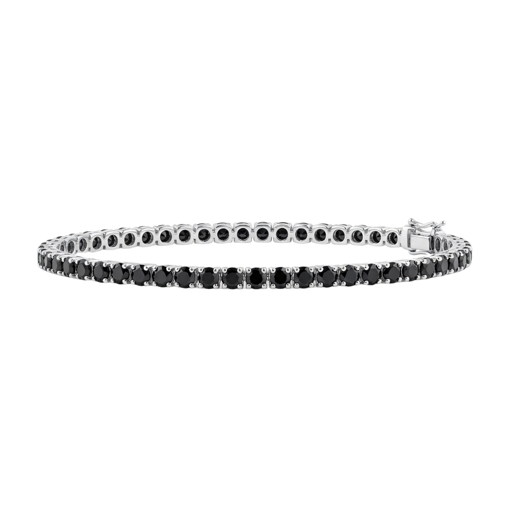 A sleek bracelet featuring small black diamonds set in prongs along a silver band.
