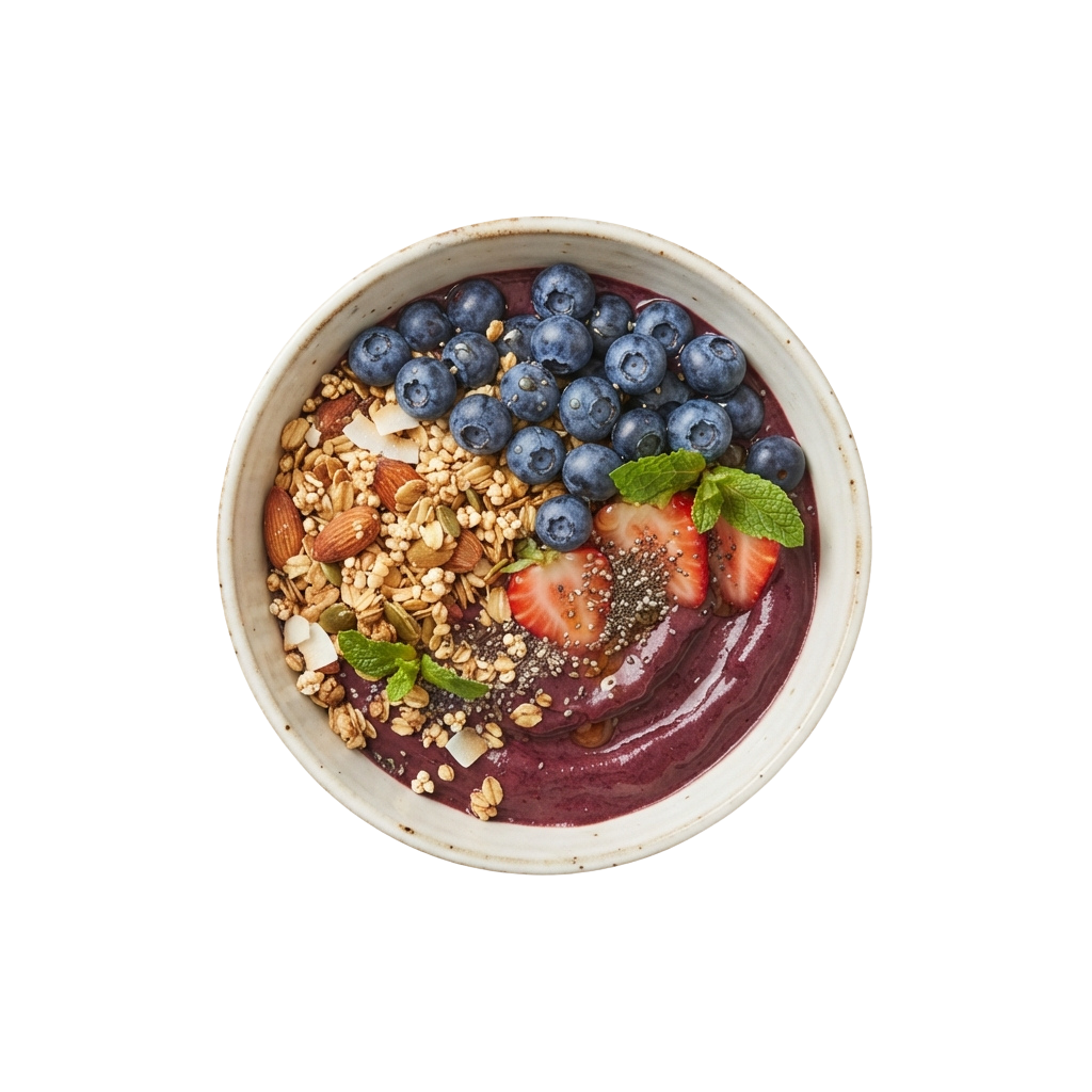 A smoothie bowl with purple base topped with blueberries, sliced strawberries, granola, almonds, chia seeds, and mint leaves