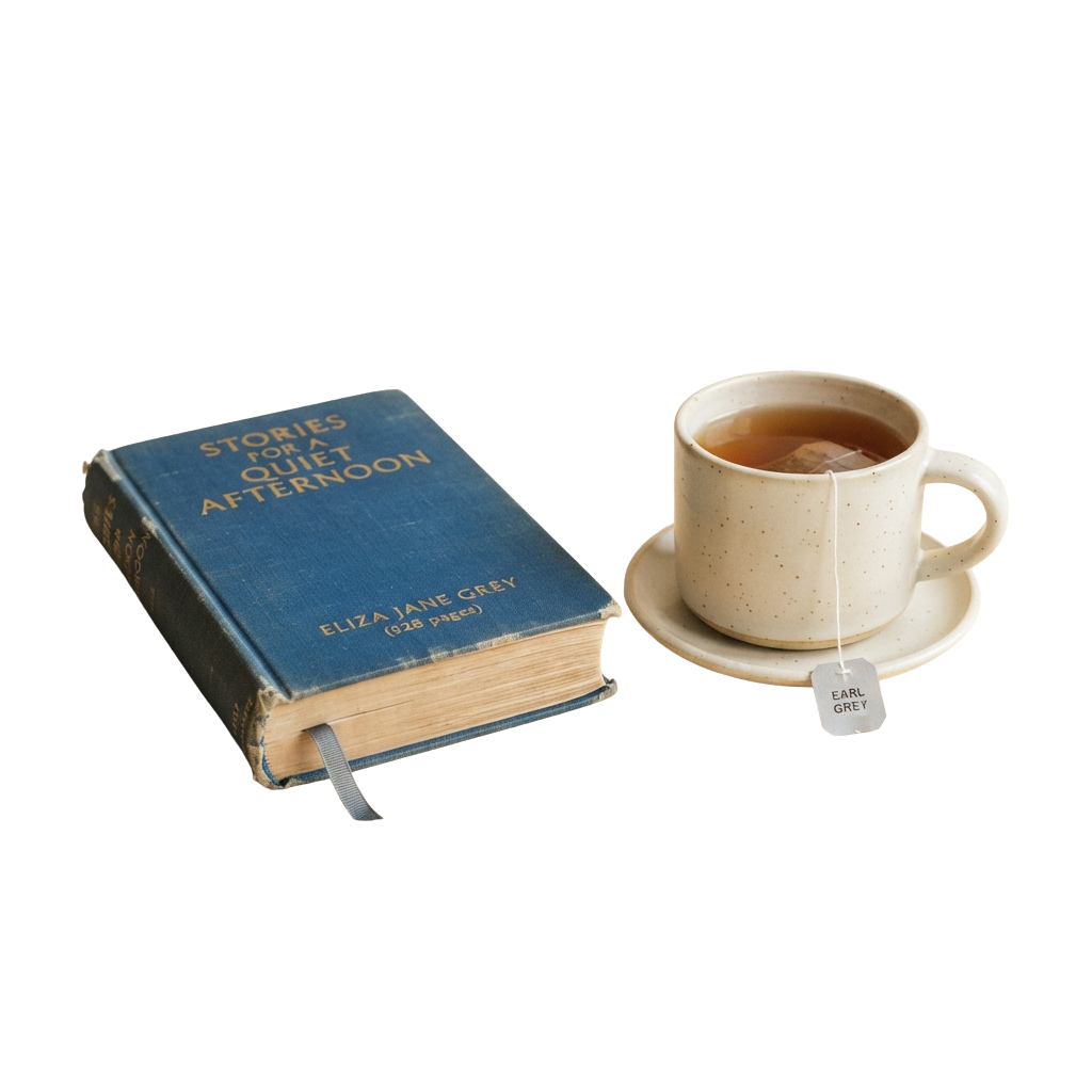 A vintage book titled Stories for a Quiet Afternoon next to a cup of tea with an Earl Grey tea bag.