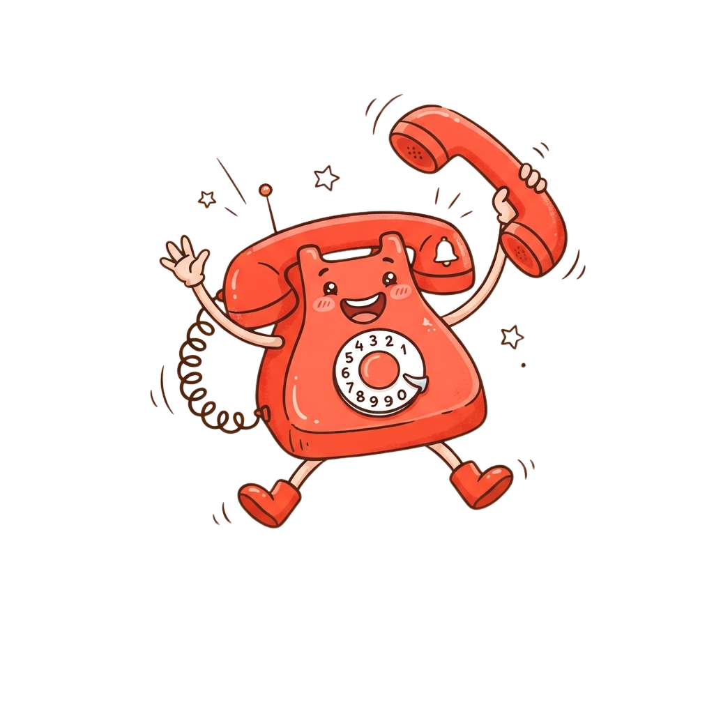 A cheerful animated red rotary phone with arms, legs, and a smiling face waving and holding its receiver