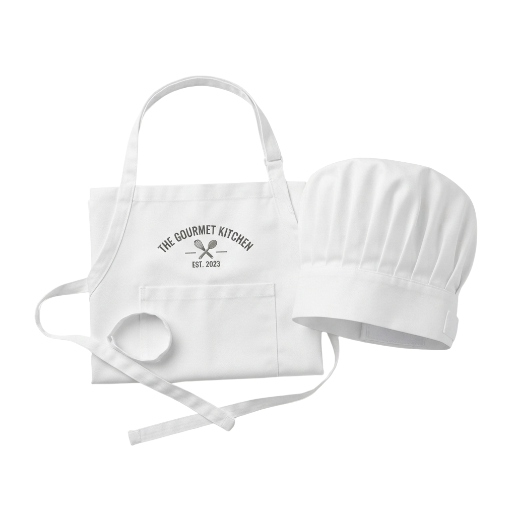 White chef hat and apron with embroidered text and utensil logo