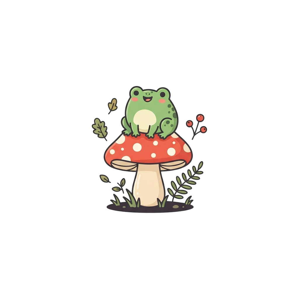 A cheerful cartoon frog sitting atop a red and white mushroom with green foliage around it