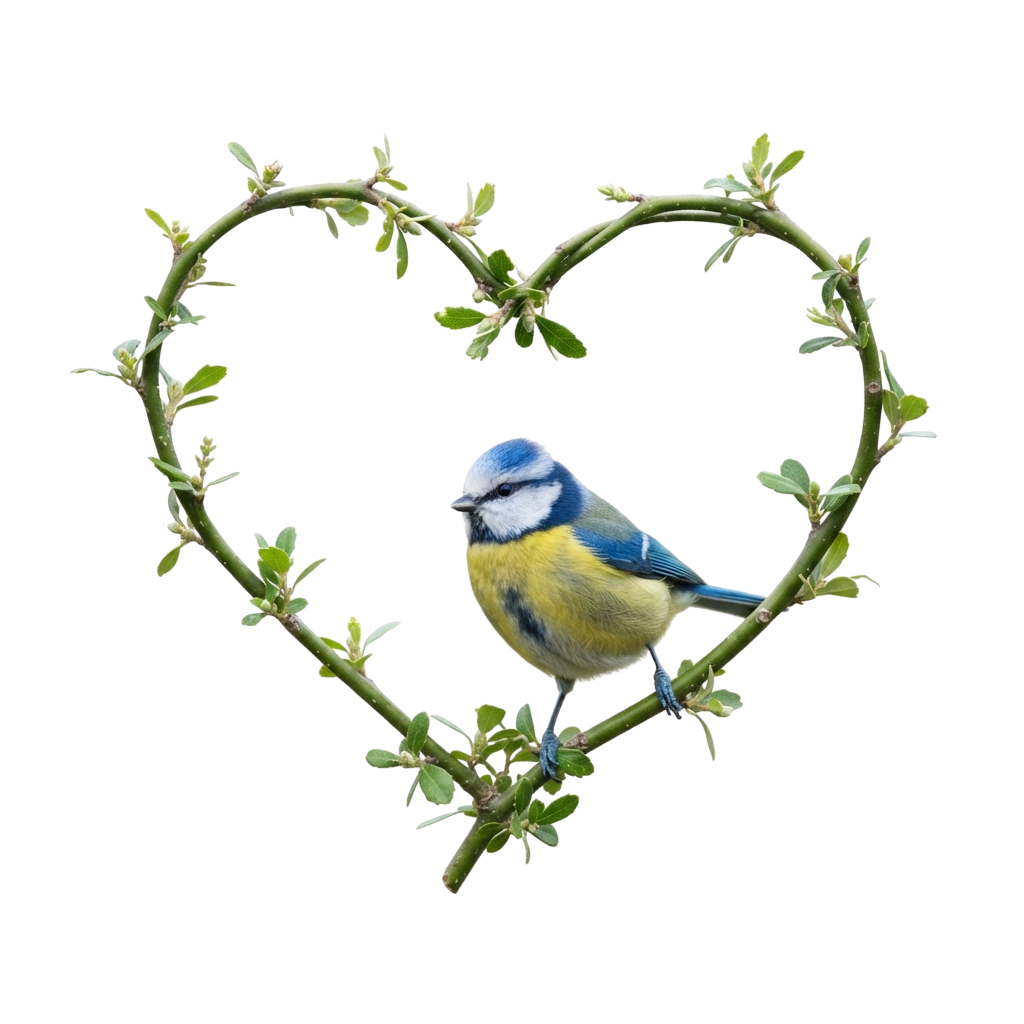 A small colorful bird perched inside a heart shape made of green branches and leaves
