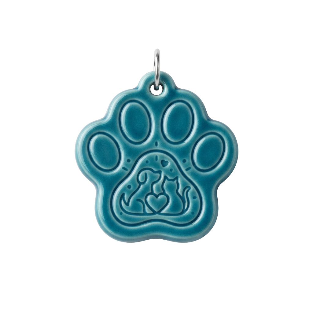 A blue paw-shaped charm with an engraved silhouette of two dogs and a heart