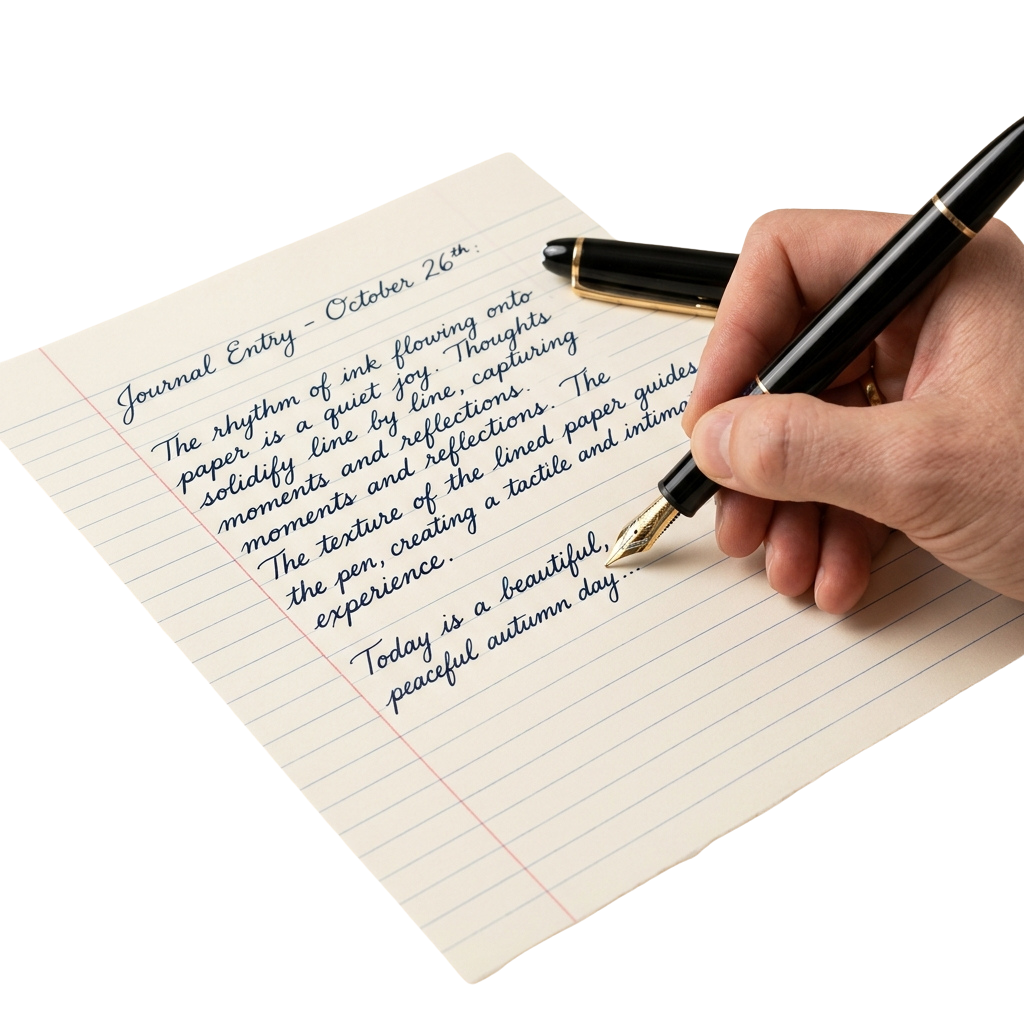 Hand holding a pen writing in a journal on lined paper with an entry about writing joy and reflections