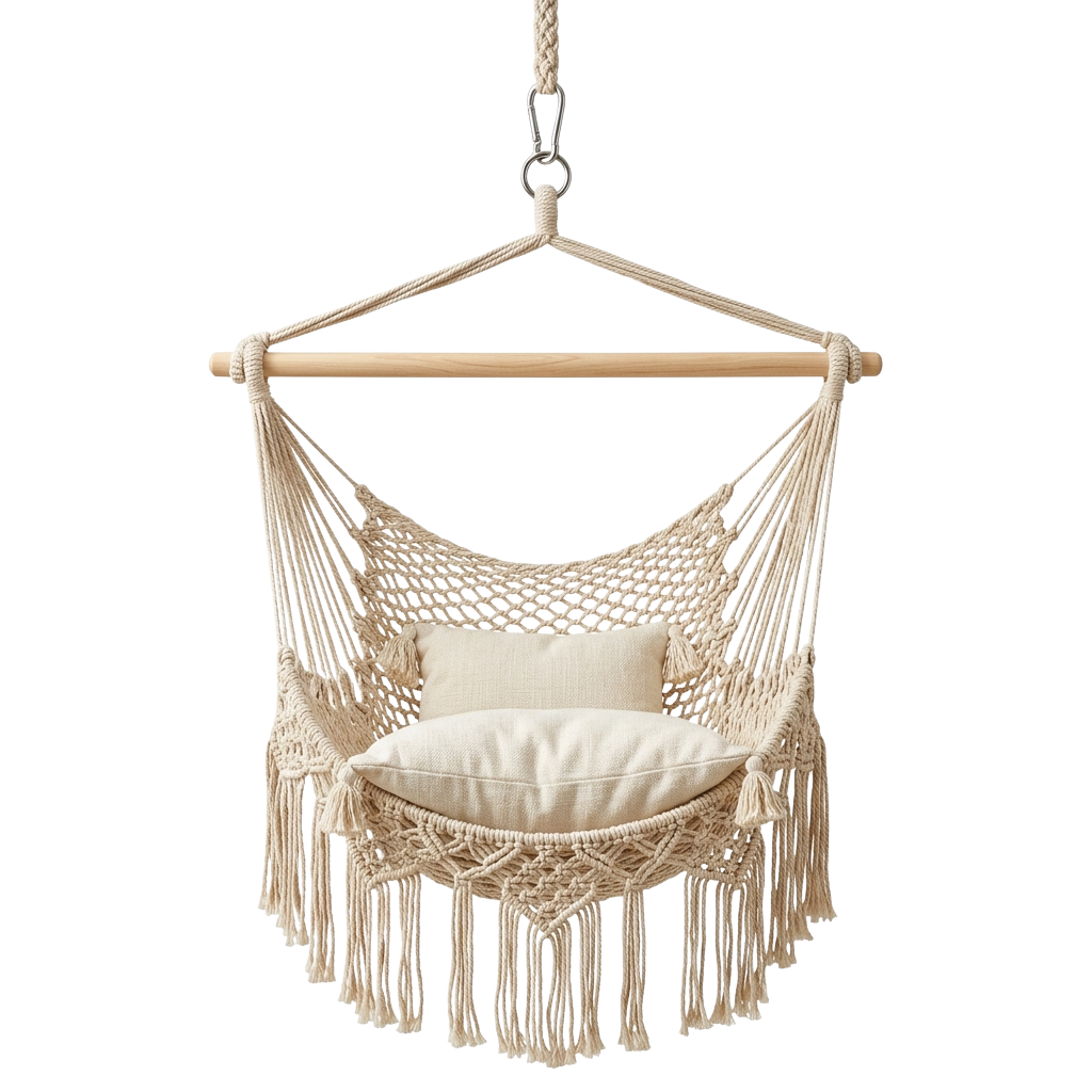 A light-colored macrame hanging chair with wooden bar support and two cushions, suspended from a hook.
