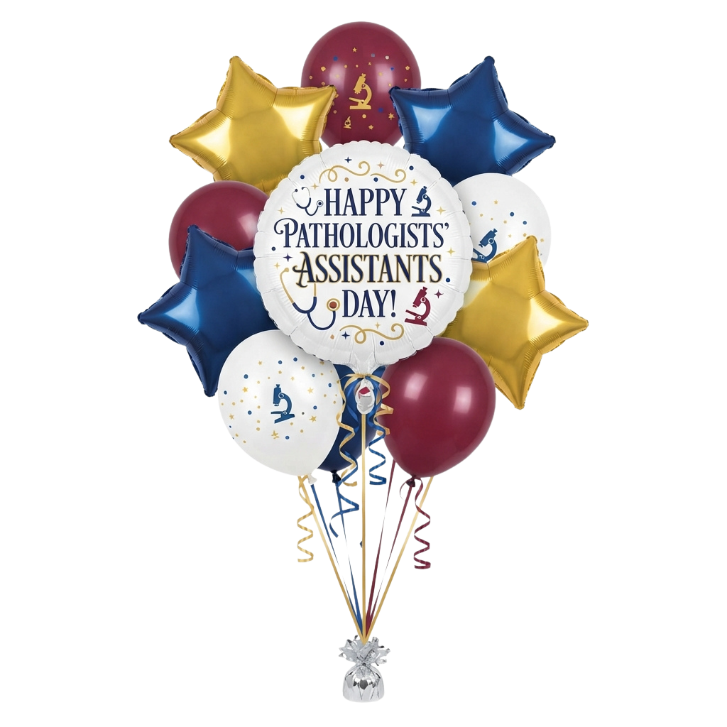 Colorful balloon bouquet celebrating Pathologists Assistants Day with star and round balloons in gold, blue, red, and white.