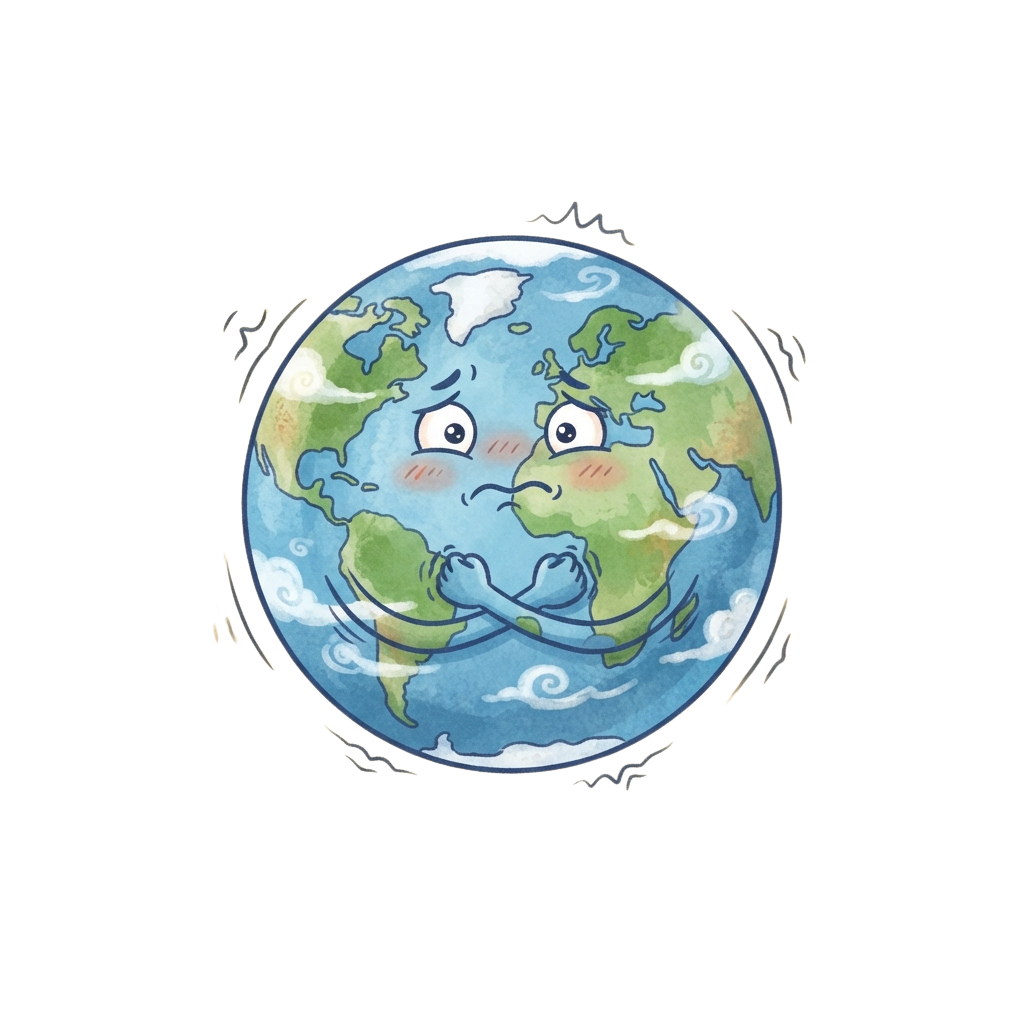 An illustrated globe with a sad, worried facial expression and clasped hands.
