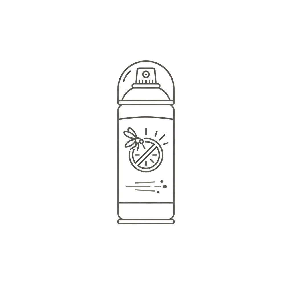 Black and white illustration of an insect repellent spray can with a mosquito crossed out and spray pattern at the bottom