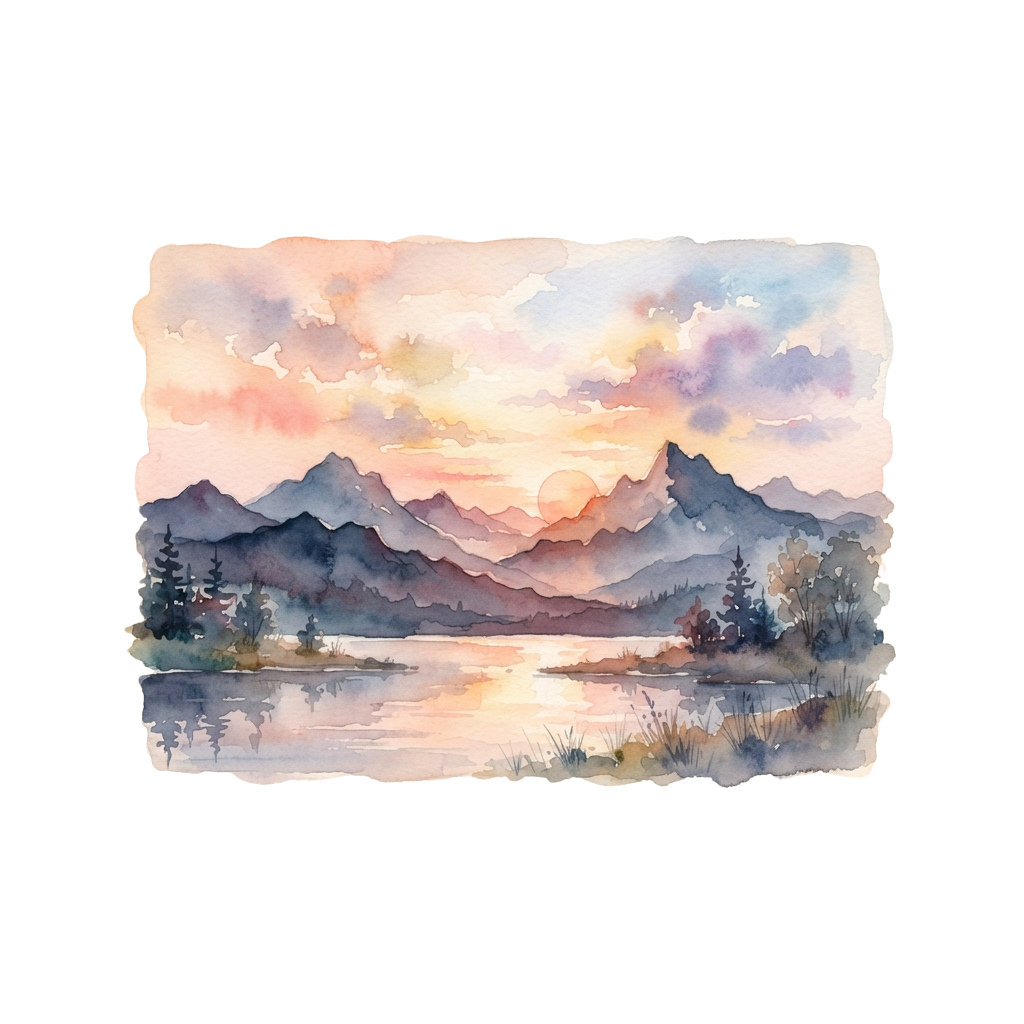 A tranquil watercolor scene of mountains at sunset reflecting on a calm lake surrounded by trees