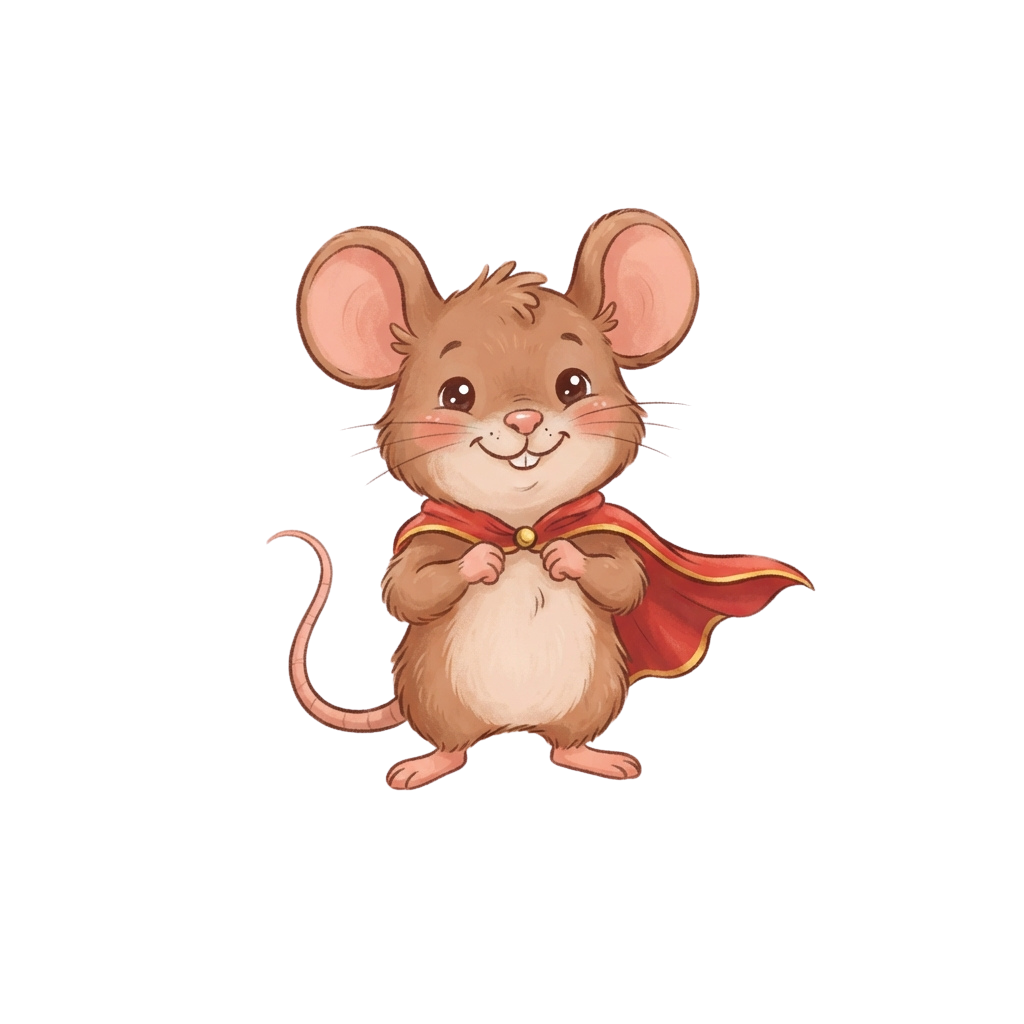 A cheerful cartoon mouse wearing a red cape standing confidently with a friendly smile
