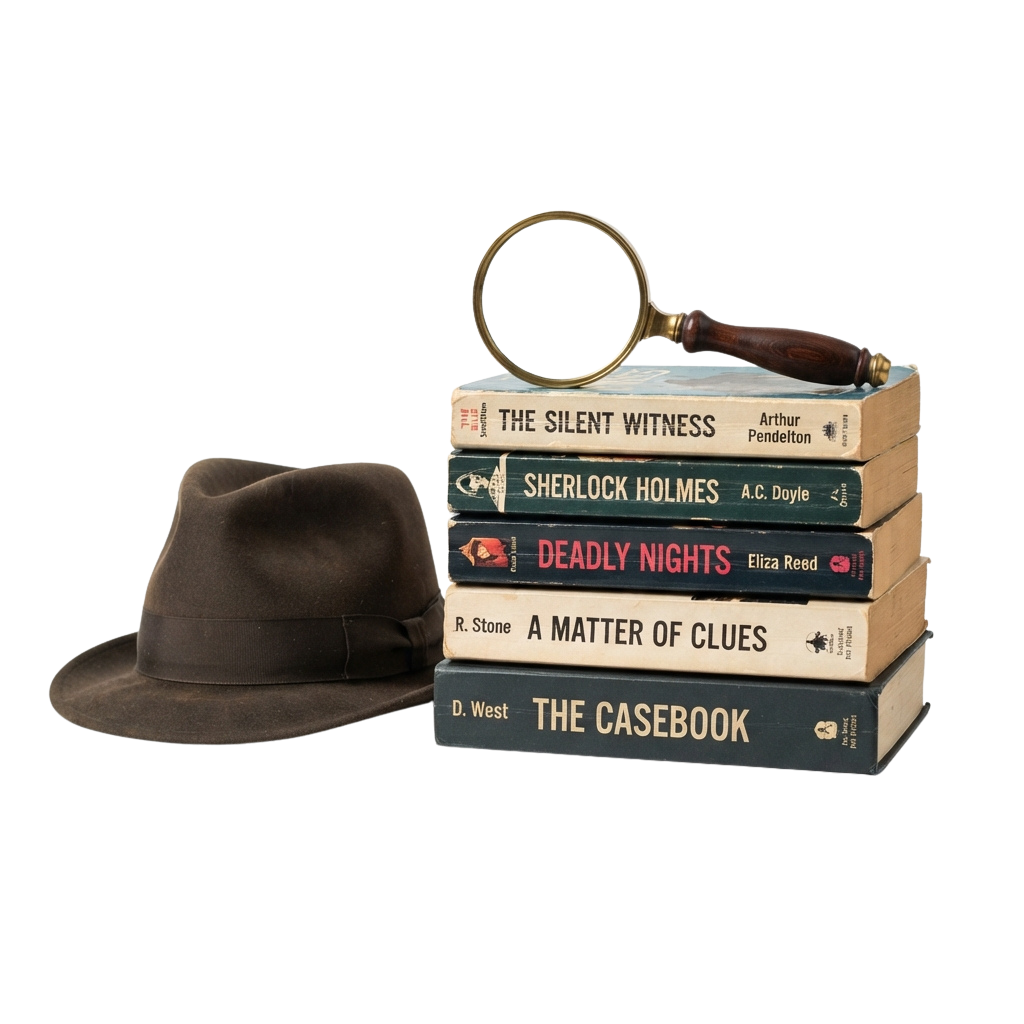 Stack of mystery novels with a hat and magnifying glass on a black background