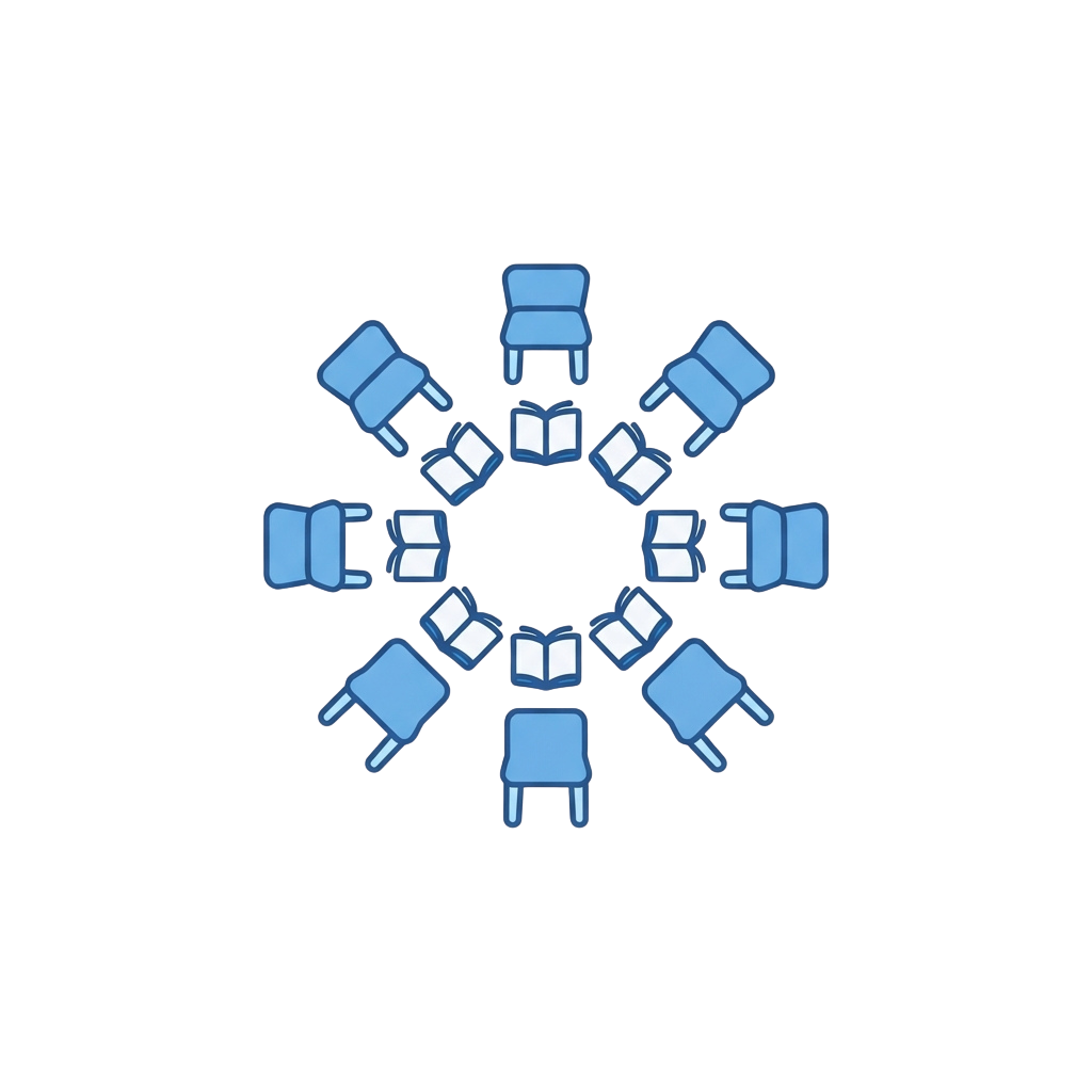 A stylized snowflake made of blue chairs with open books on their seats