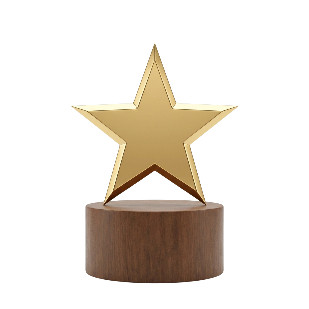 A shiny gold star-shaped trophy mounted on a wooden cylindrical base