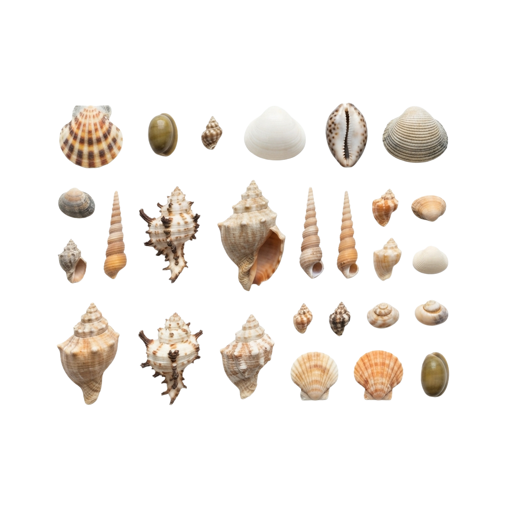 Assorted seashells displayed on a black background, showing various shapes, sizes, and colors.