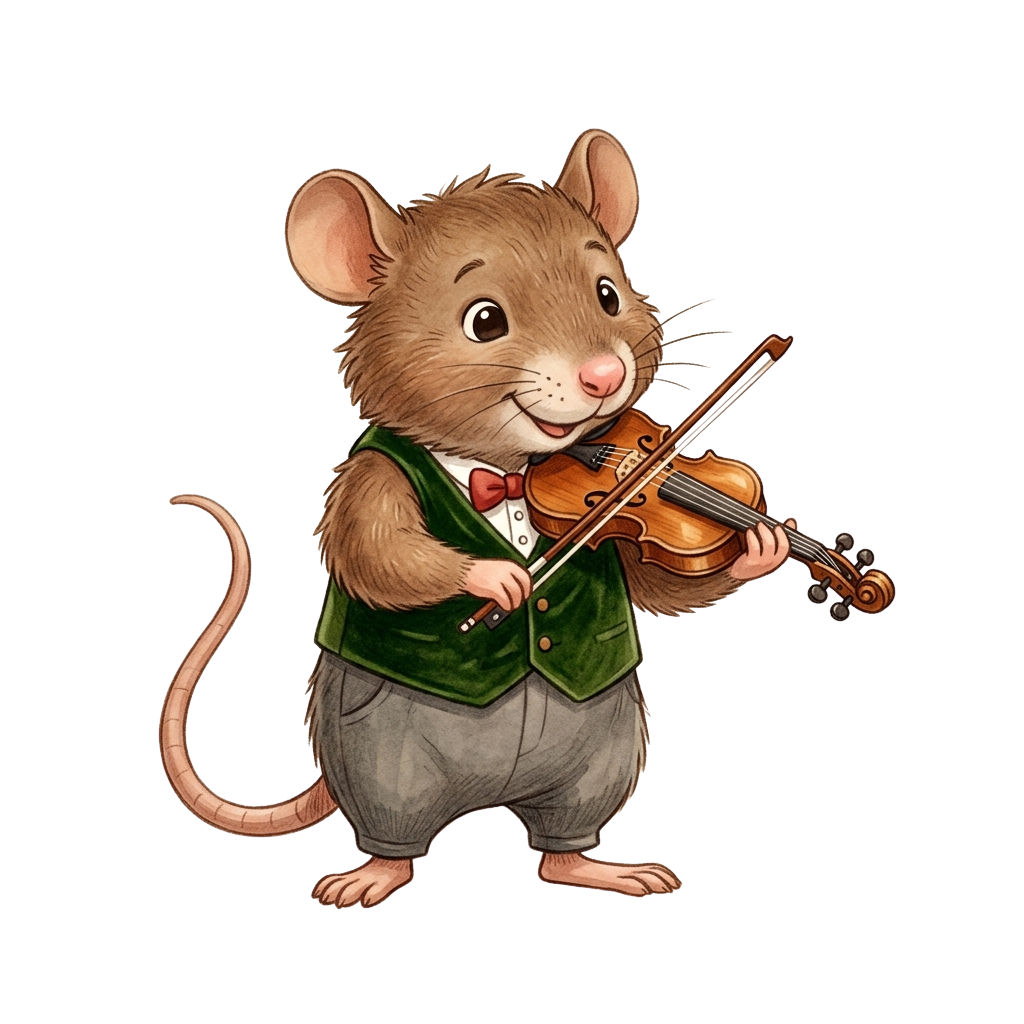 A cheerful cartoon mouse dressed in a vest and bowtie playing a violin