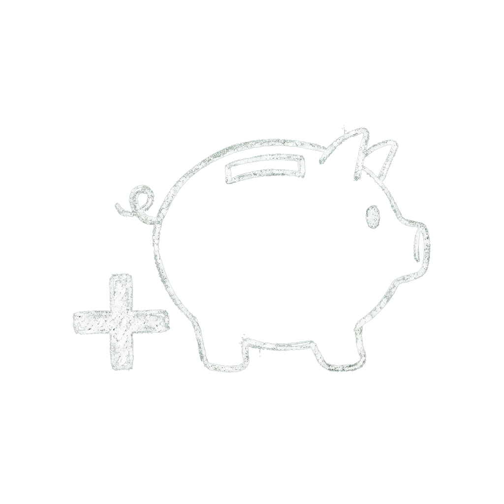 White chalk-style drawing of a piggy bank with a plus sign attached to its side on a black background