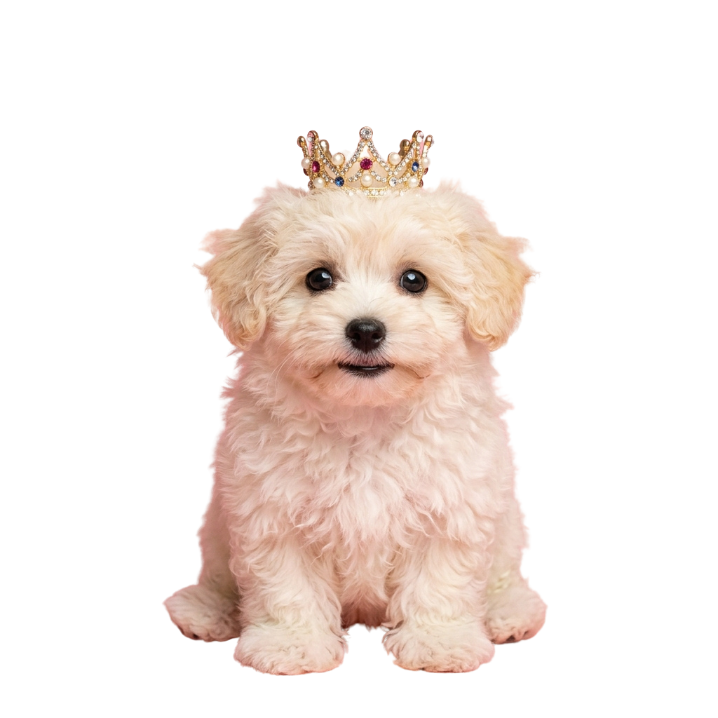 A small fluffy puppy sitting and looking forward, wearing a decorative golden crown