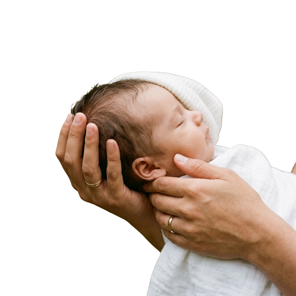 An adult gently holds a newborn baby while cleaning the baby's ear with their fingers.