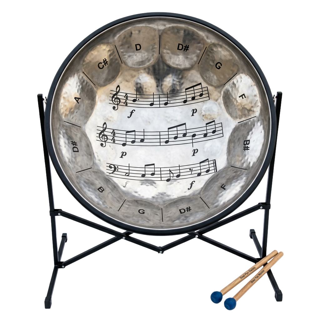 A gong with musical notes and pitch labels printed on its surface, accompanied by drumsticks.