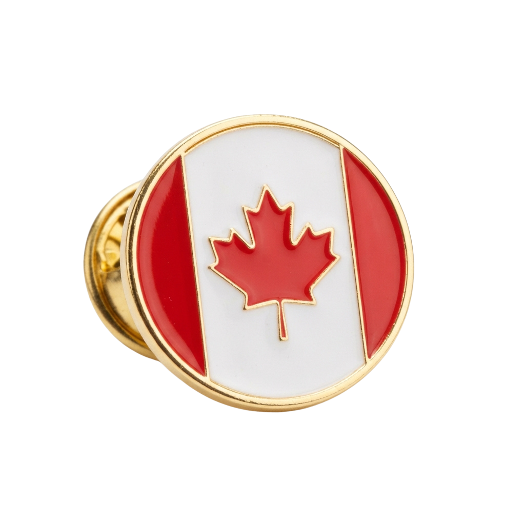 Gold-colored lapel pin featuring the Canadian flag with a red maple leaf on white and red background