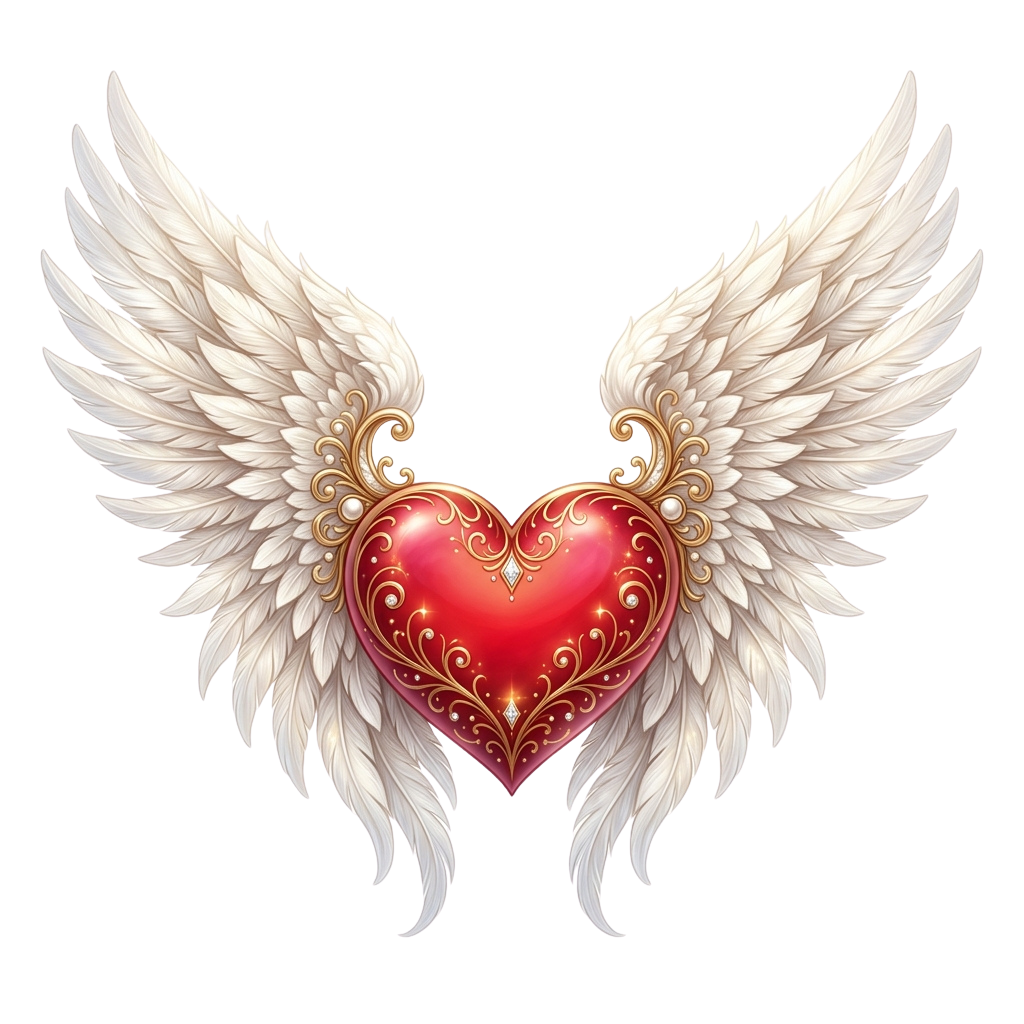 Illustration of a red heart with ornate gold detailing framed by white angel wings