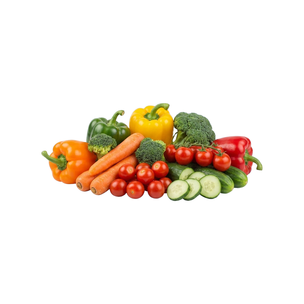 Assorted fresh vegetables including peppers, carrots, tomatoes, broccoli, and cucumber on a black background