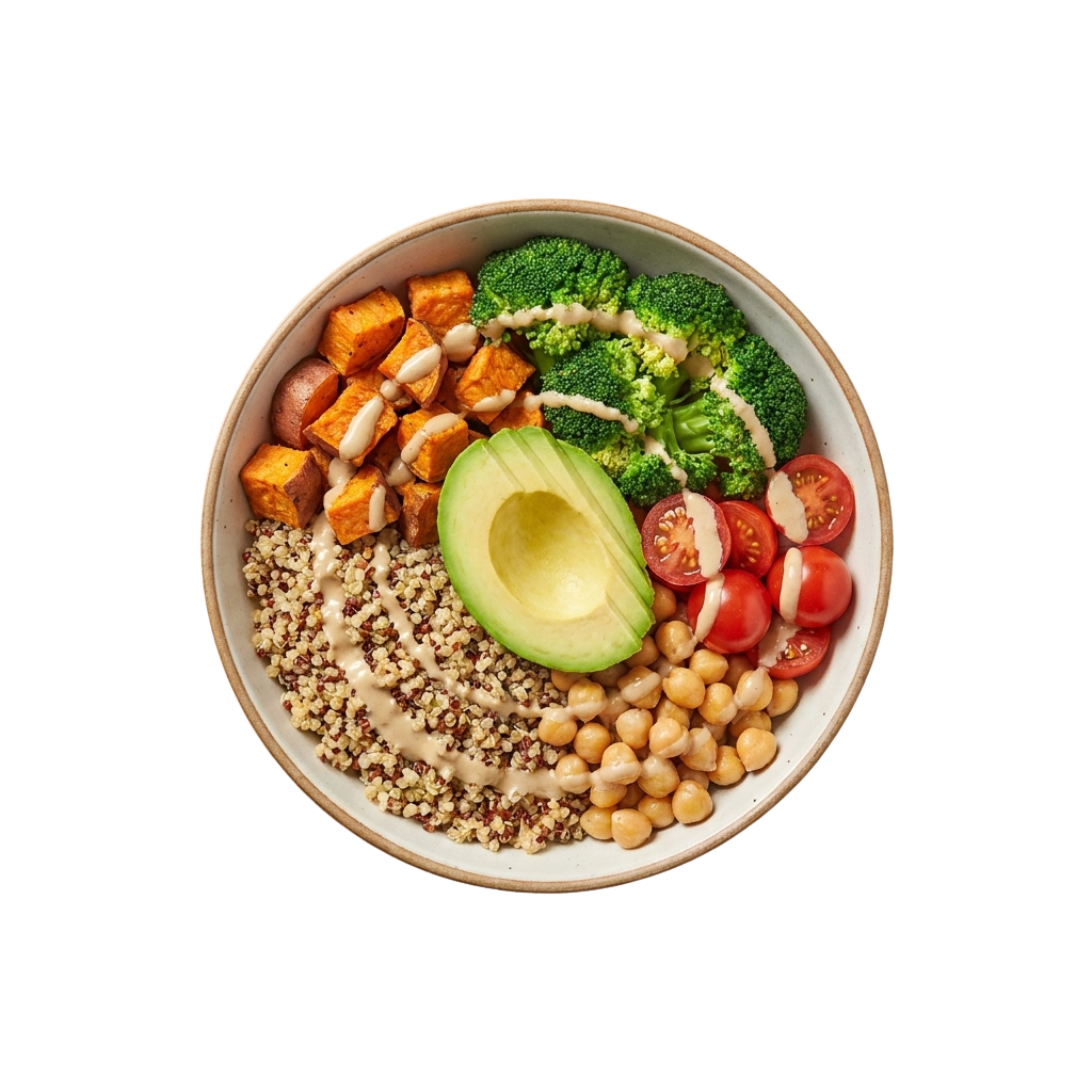 A colorful bowl of food containing roasted sweet potatoes, broccoli, avocado, cherry tomatoes, chickpeas, and quinoa with a creamy sauce drizzle.
