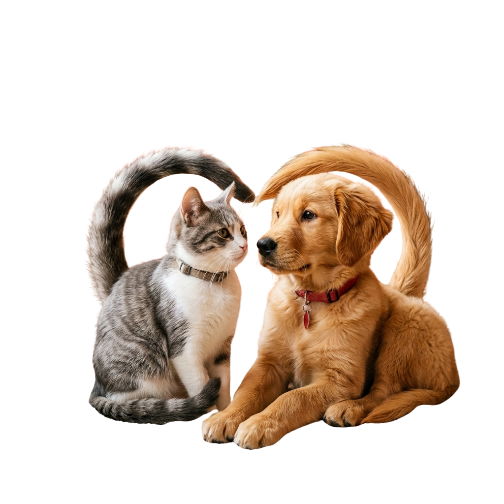A cat and a puppy sitting side by side wearing headphones on their ears