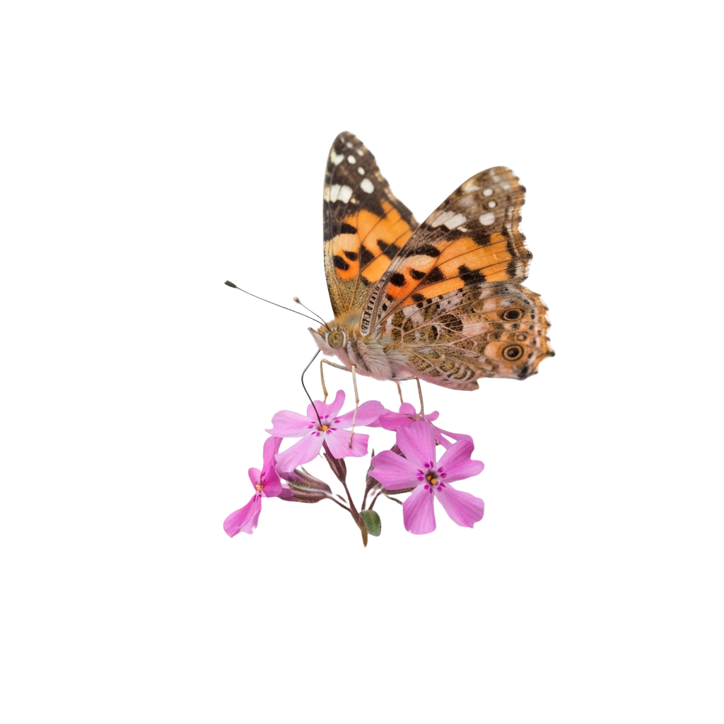 Orange and brown butterfly with black spots perched on a cluster of pink flowers