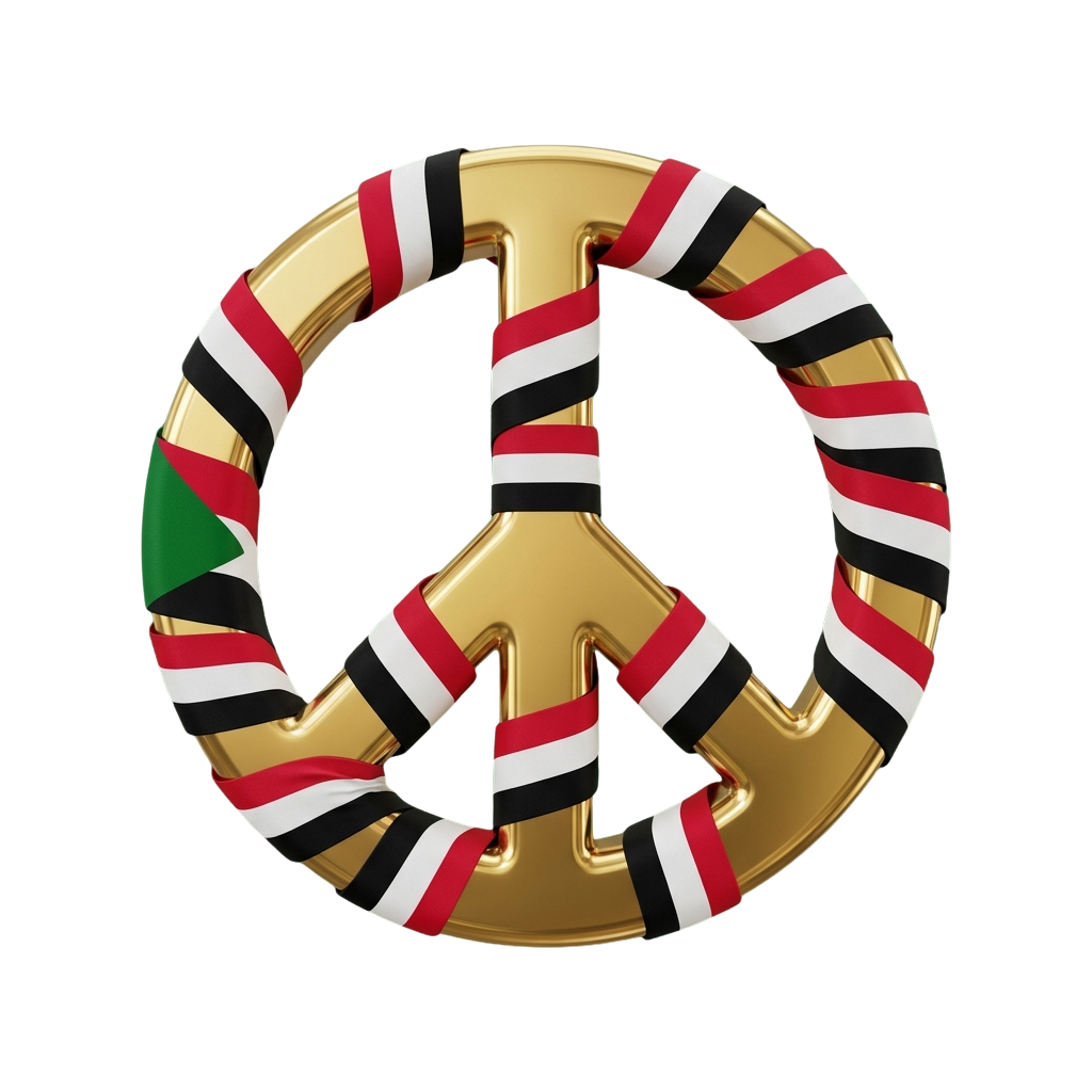 Golden peace symbol surrounded by a ring of red, white, and black stripes with a green triangle