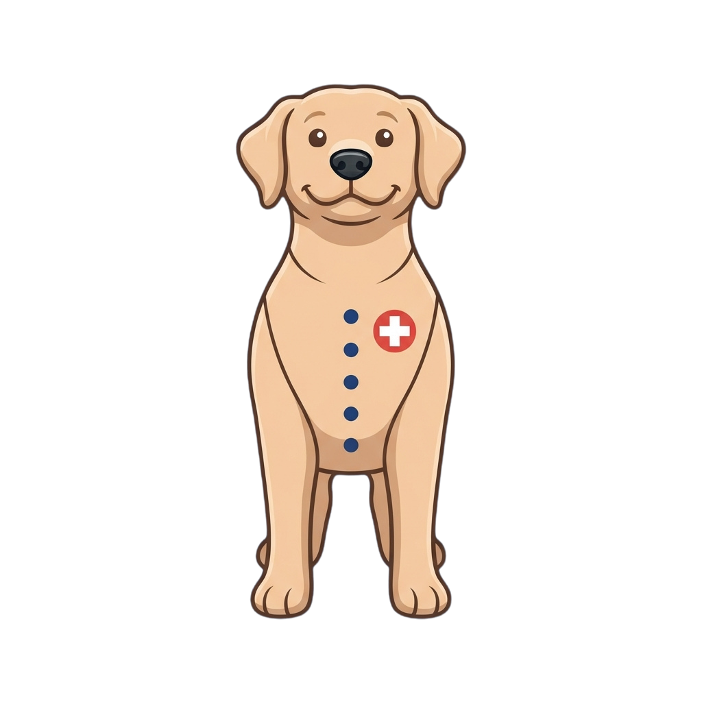 Cartoon labrador dog wearing a medical cross vest with blue dots down the center