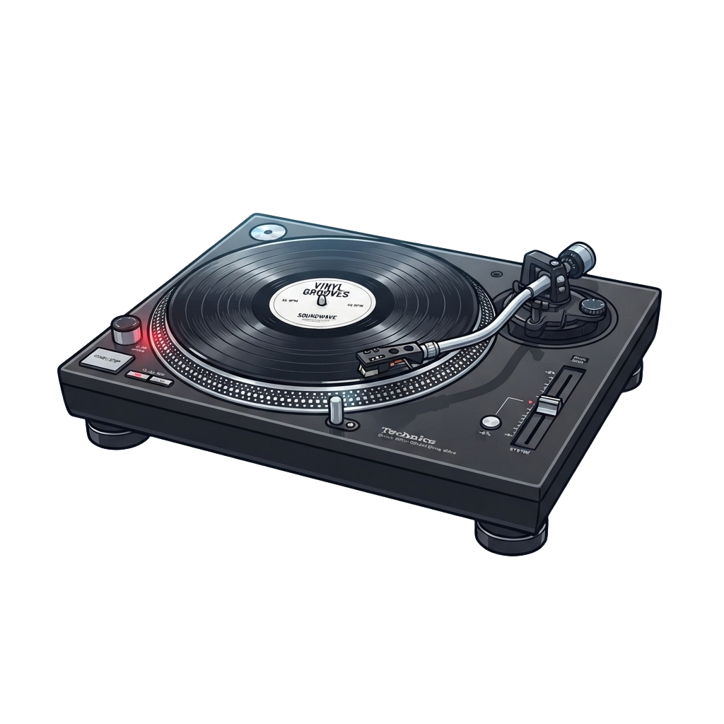 Illustration of a black turntable with a vinyl record labeled Vinyl Unlimited playing on it