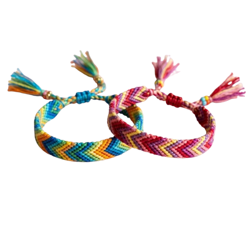 Two vibrant braided wristbands with multicolored zigzag patterns and tassels on each end