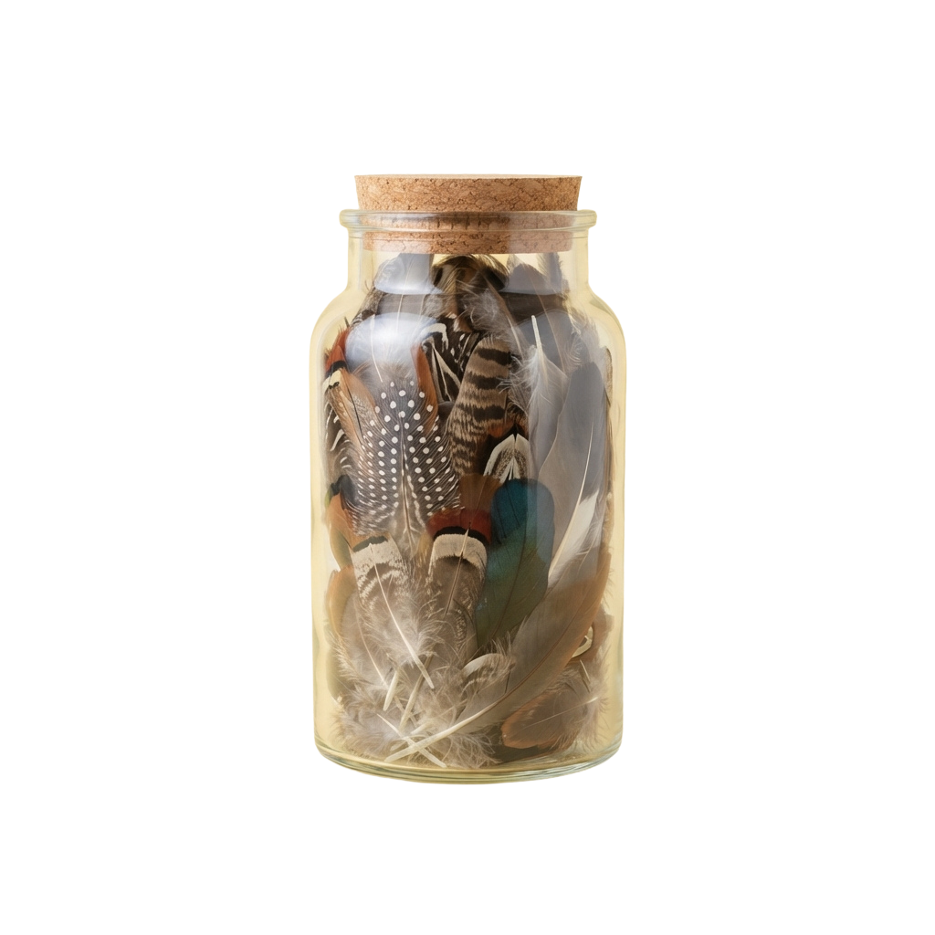 A glass jar containing a variety of colorful bird feathers with a cork lid