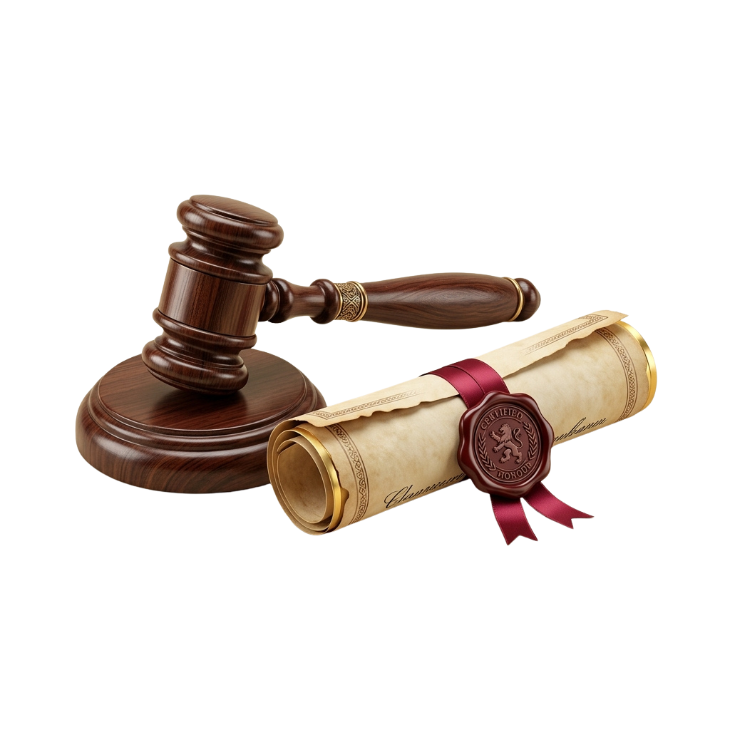 A wooden gavel and rolled diploma with a red ribbon and certificate seal on a black background