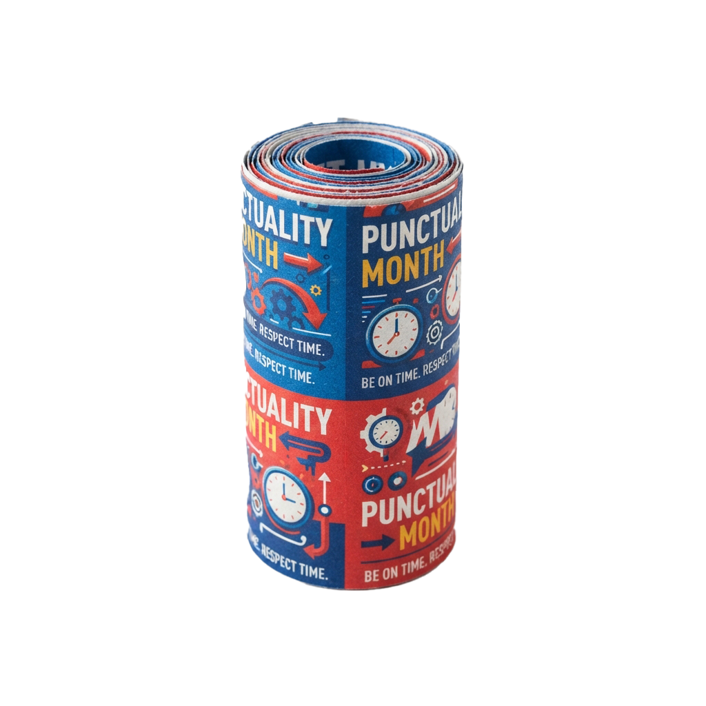 Colorful wrapping paper roll featuring punctuality and time-themed designs for Punctuality Month